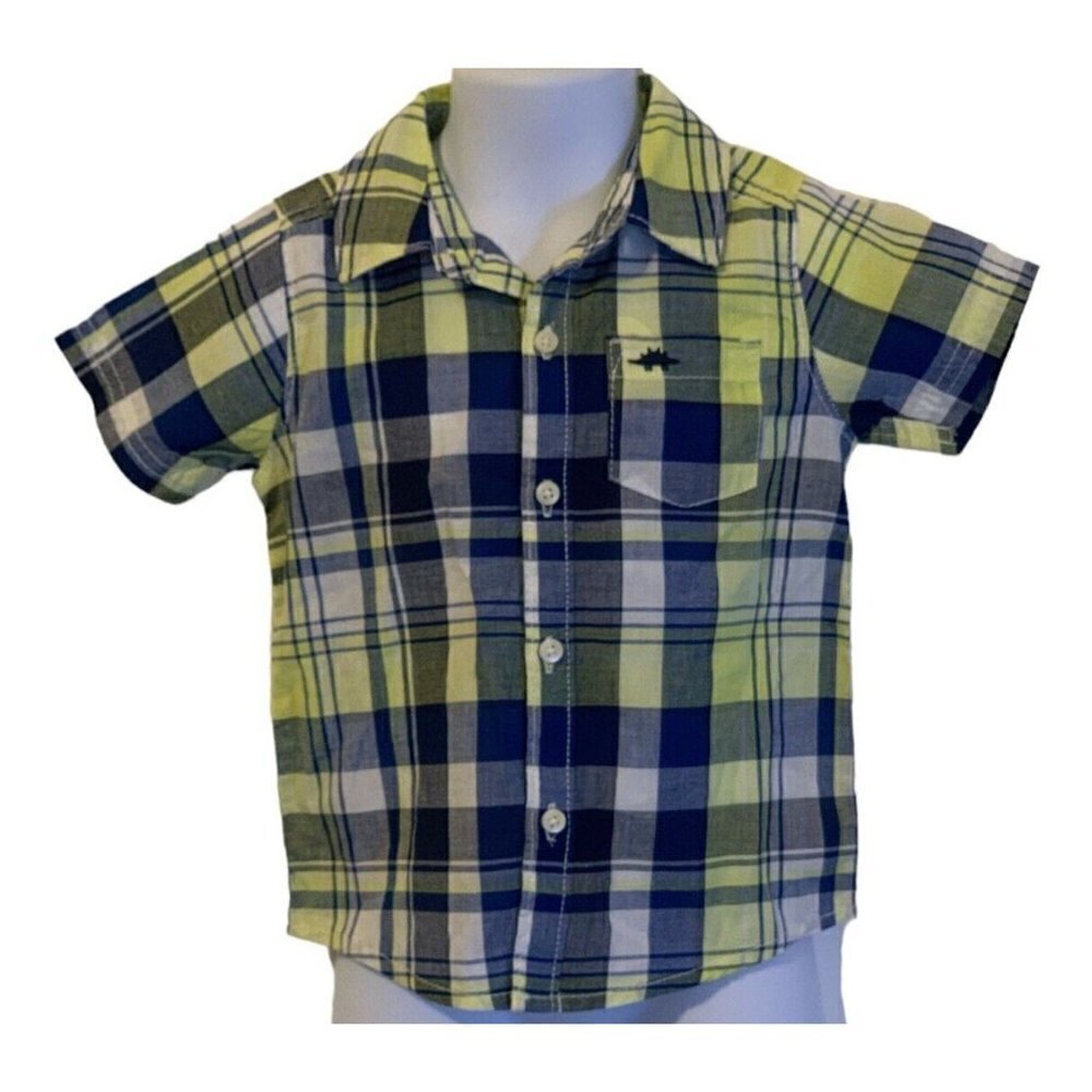Carters Boys Plaid Dress Shirt Toddler Size 18M Short Sleeve Blue Turtle